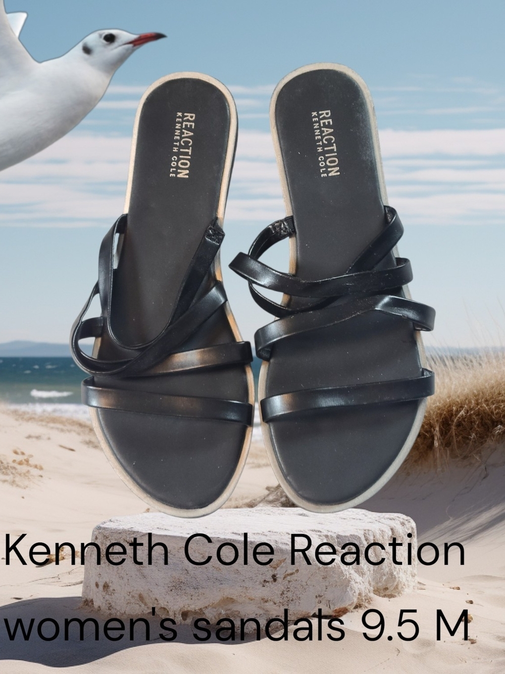 Kenneth Cole Reaction Stylish Women's Black Strappy Slide Sandals 9.5M
